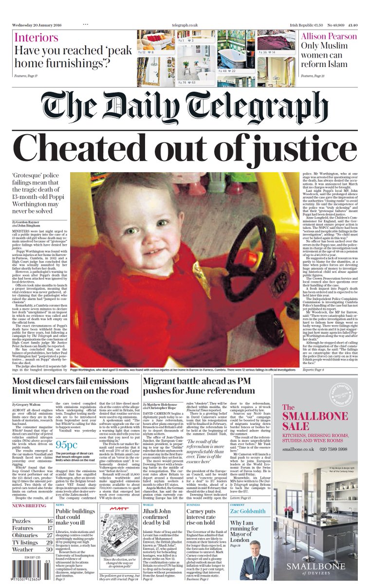BBCNews's tweet photo. Wednesday's Telegraph: "Cheated out of justice" https://t.co/IIudc3N57p via @suttonnick #TomorrowsPapersToday #BBCPapers