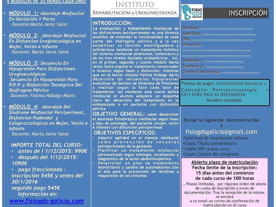 Nos vemos en Marzo en Santiago de Compostela,100h de Miofascial en Pelviperineología. 12,80 créditos, inscríbete!