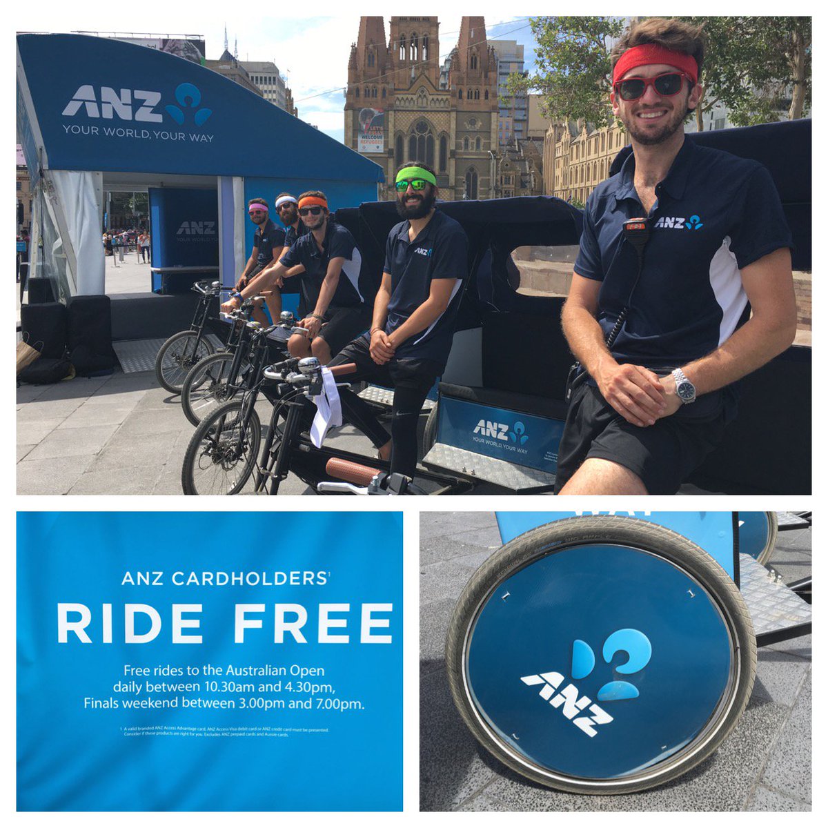 Flash your ANZ card &amp; stay dry with a free pedicab ride from @Fed_Square to the #AusOpen on us.#HeadbandForGood