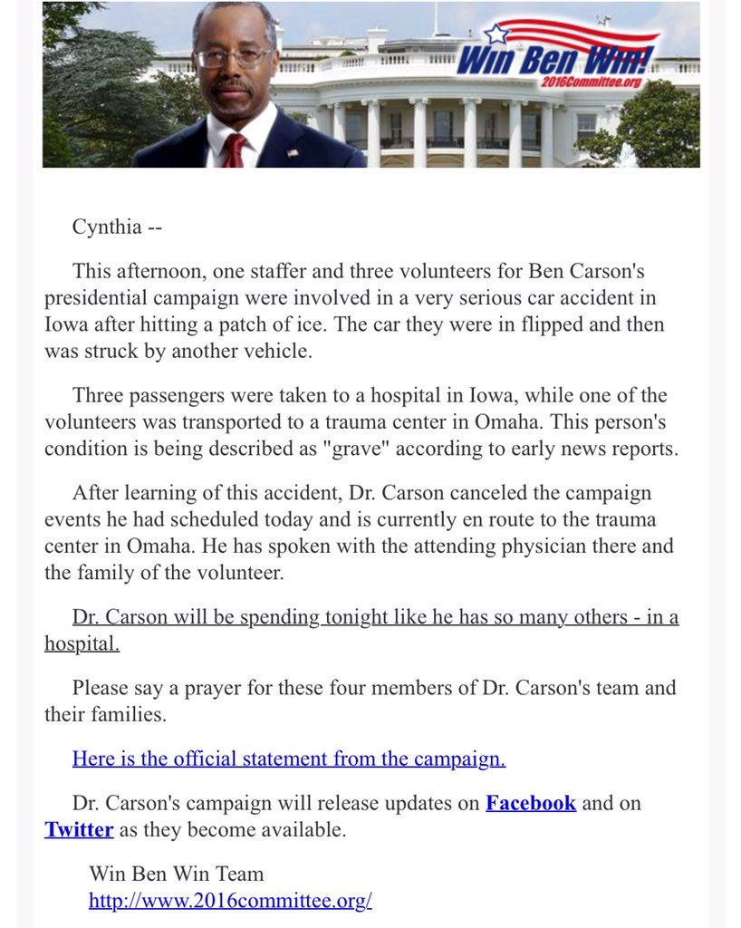 ellierosetx's tweet image. JUST IN: Ben Carson, staffers involved in serious car accident. Here is statement he sent to email list. @KENS5