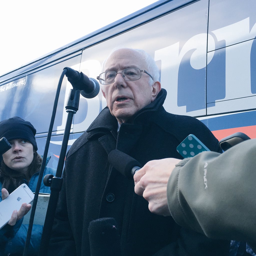 asmamk's tweet image. Bernie Sanders tells the press (in front of his new bus) that if he were Hillary Clinton, he would be nervous