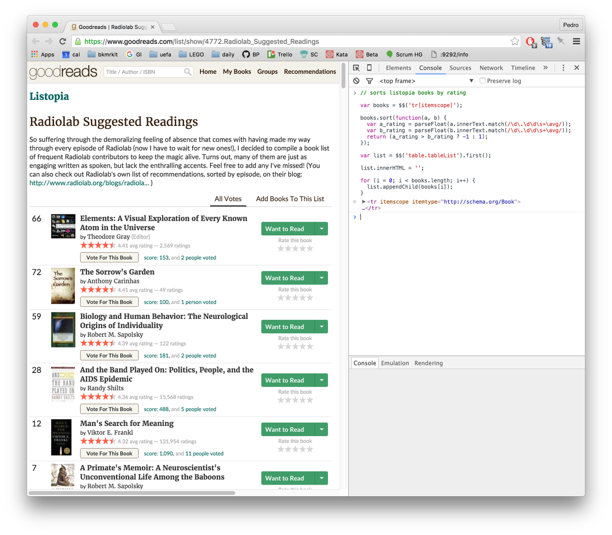 pelf's tweet photo. .@goodreads decided I shouldn't sort lists by rating. A few minutes of JS thought otherwise! Weighted ranking next. https://t.co/WC5ejaIYtL