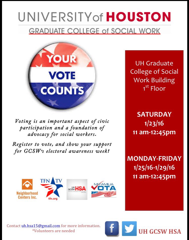 UHGCSWHSA's tweet photo. The voter registration drive starts this Saturday! Please volunteer if you are available. https://t.co/mgqYaxQO7f