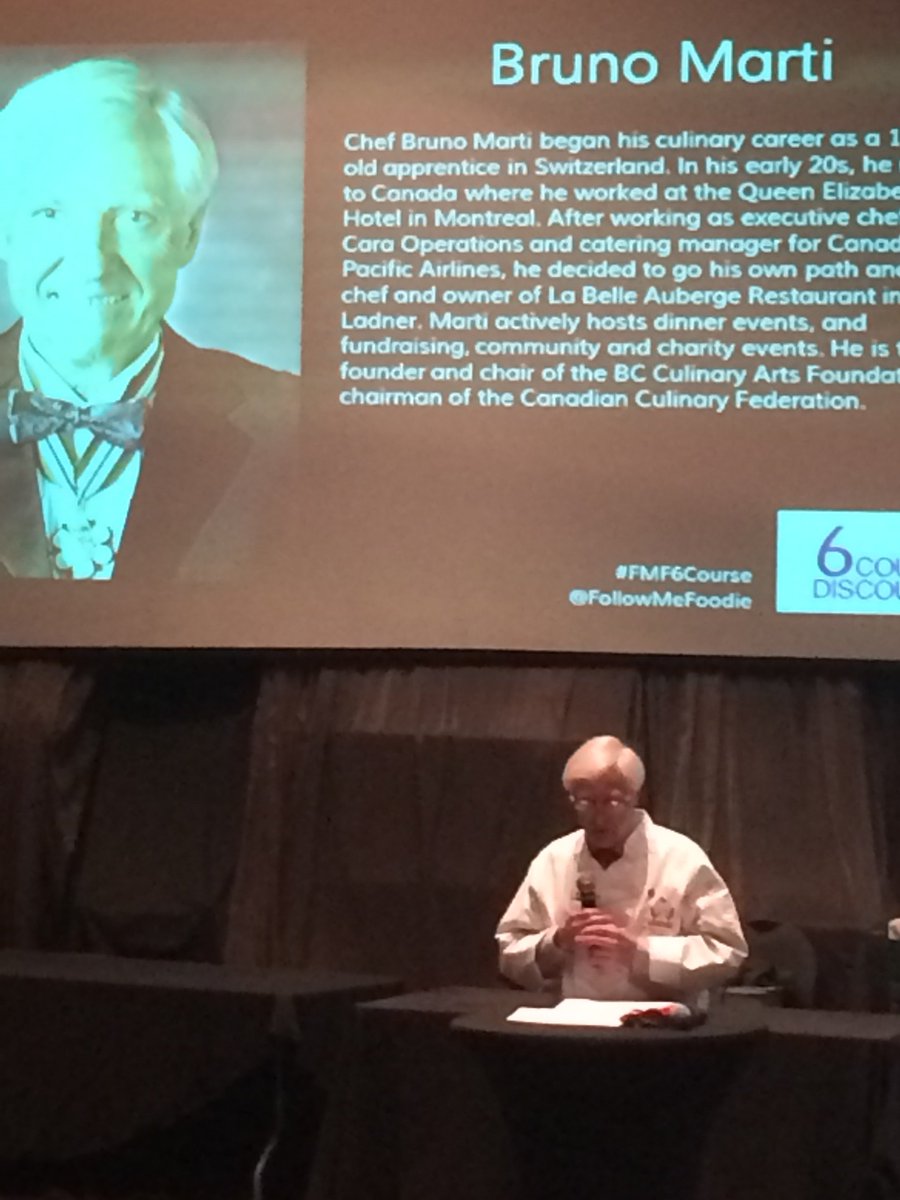 CatesimpsonprS's tweet photo. And the final speaker Vancouver’s Culinary Godfather @ Bruno Marti #foodheroes @followmefoodie #fmf6course https://t.co/ViIHdg21Eb