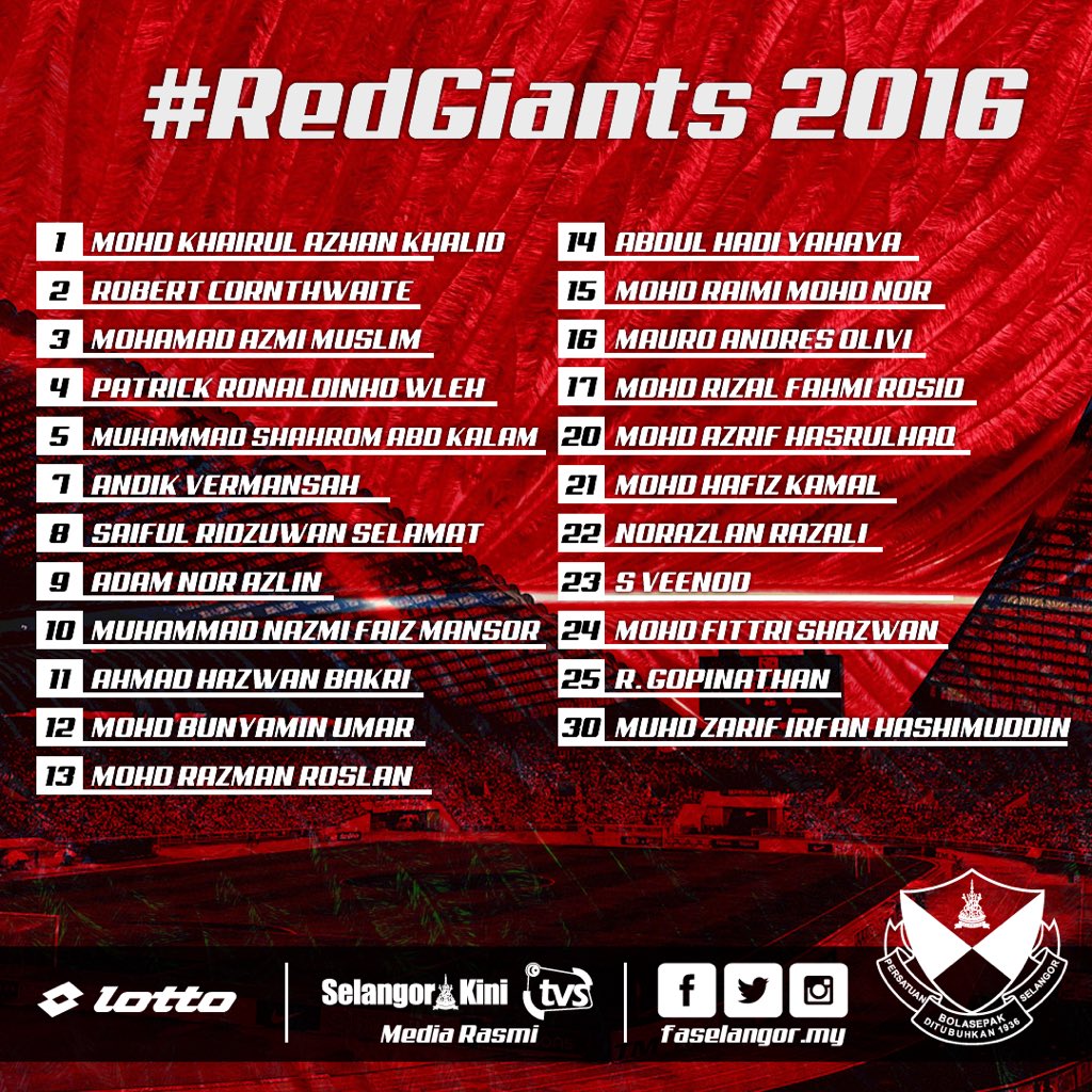 selangorfc's tweet photo. RASMI! Senarai akhir #RedGiants 2016 seperti diumum pengurus pasukan @Amir_Shari tengahari ini https://t.co/nZy2vjHweq
