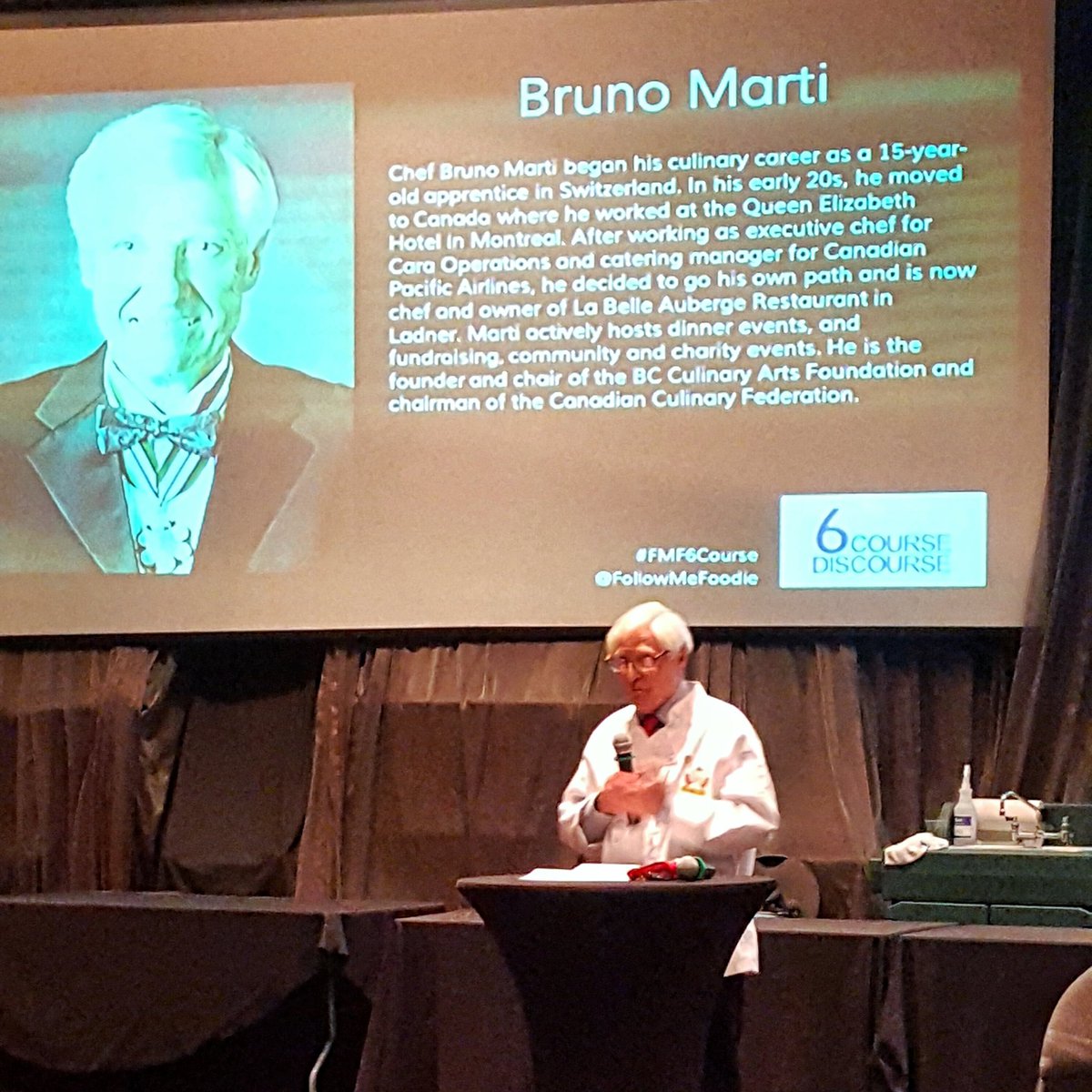 followmefoodie's tweet photo. The chef of chefs, mentor of mentors...the "Sean Connery" of Canada's culinary world... Chef Bruno Marti #fmf6course https://t.co/N6Ifs2GqOc