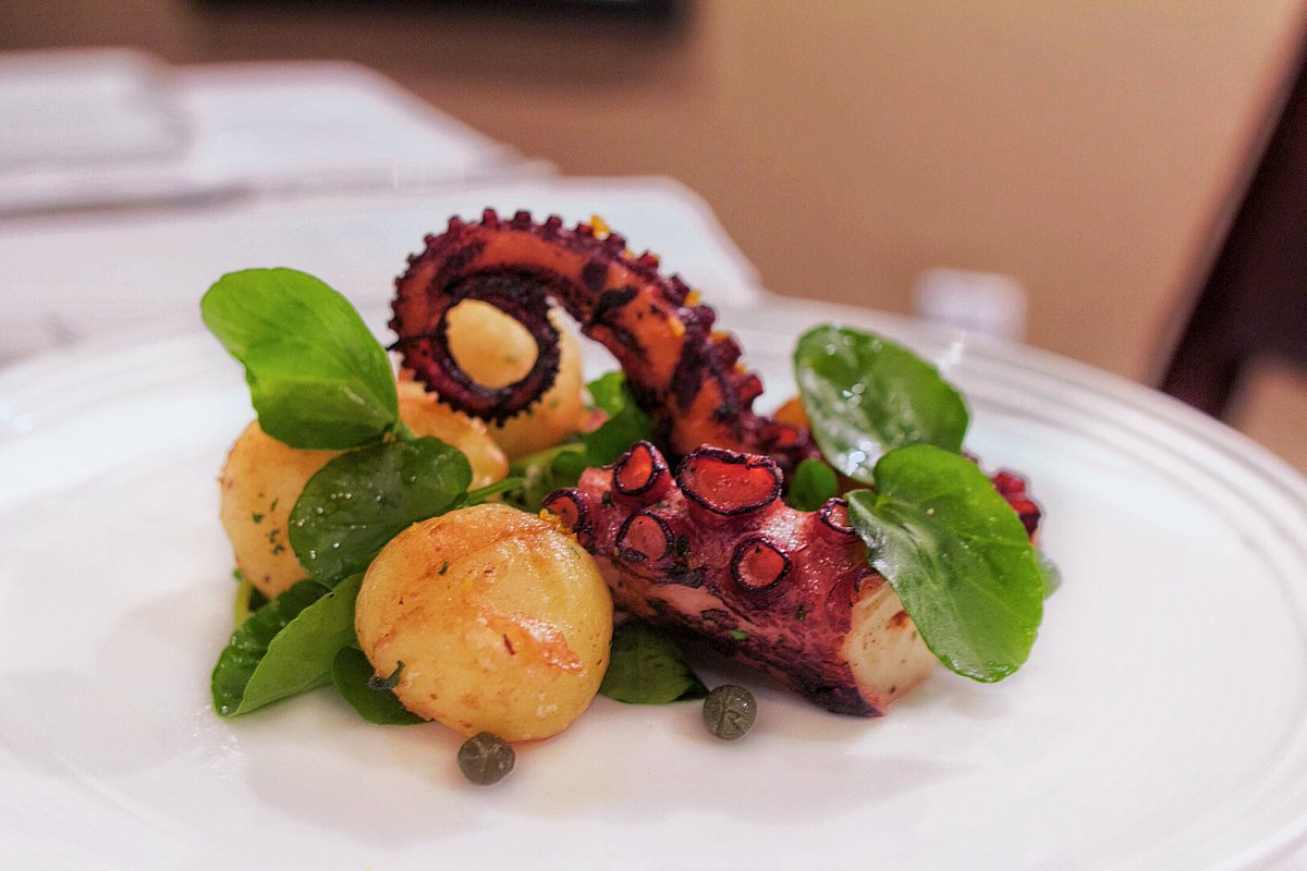 Warm #octopus and potato salad, water crest, capers, and Meyer Lemon. #dineLA