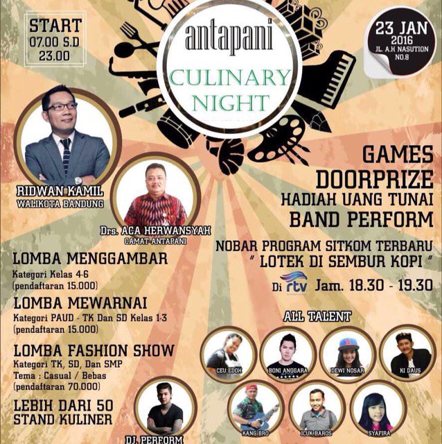 Kec_Antapani1's tweet photo. Antapani Culinary Night 23 Jan 2016 JL.AH Nasution No.8 @Ancn_Culinary @infobdg @info_antapani @se_bdg @boniianggara https://t.co/itUqUyhSmB