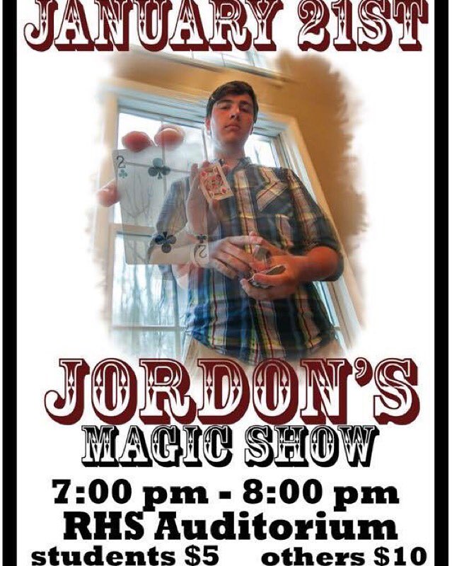 rhs_student_gov's tweet photo. RHS! Come out on Thursday, January 21st to see the very talented Jordan Gleniewicz perform an incredible magic show! https://t.co/74bo124BLC