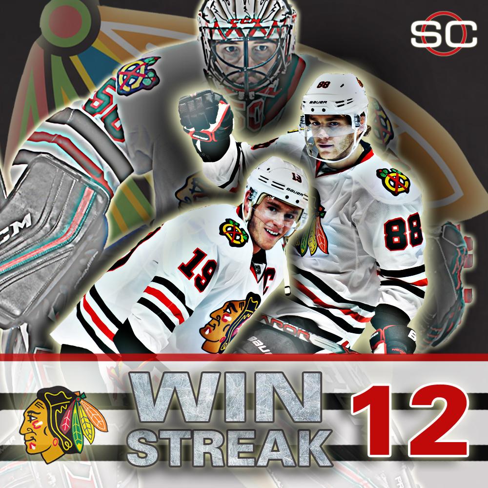 SportsCenter's tweet image. The Blackhawks extend their winning streak to 12 games (a franchise record) after taking down the Predators, 4-1.