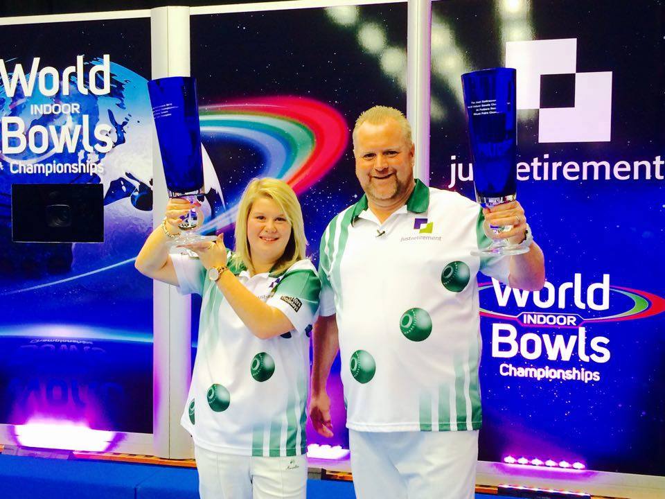 henseliteuk's tweet photo. Victorious Katherine Rednall and partner Darren Burnett, World Indoor Mixed Pairs winners #teamhenselite #bbcbowls https://t.co/uYfyAKUN3f