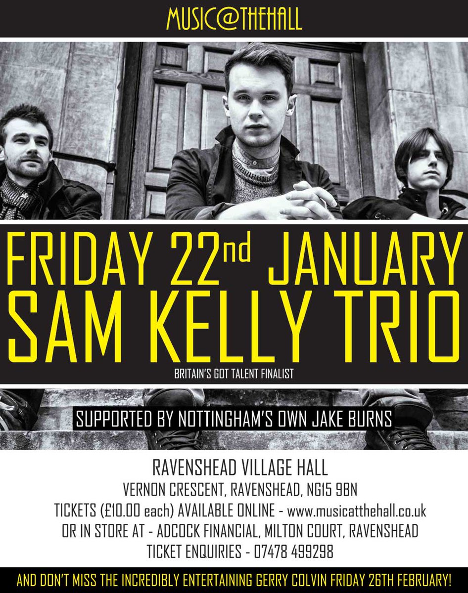 musicatthehall's tweet image. SAM KELLY TRIO ft Jake Burns Playing Ravenshead Village Hall this Friday 22nd. Tickets from musicatthehall.co.uk