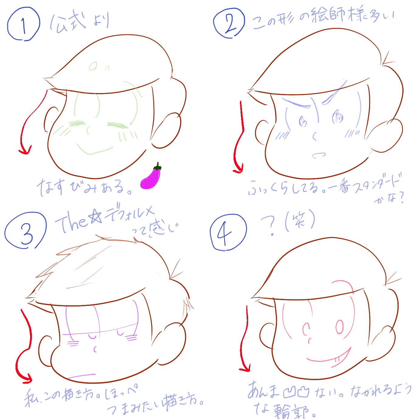 もに 皆さんはおそ松さん描くときの 輪郭の描き方ってどれが近いですか 純粋な疑問です あくまで輪郭の話です 輪郭 のラインの話です こんな下手じゃねーよ ってかた 輪郭の話です 笑 T Co E444oi1fsr Twitter