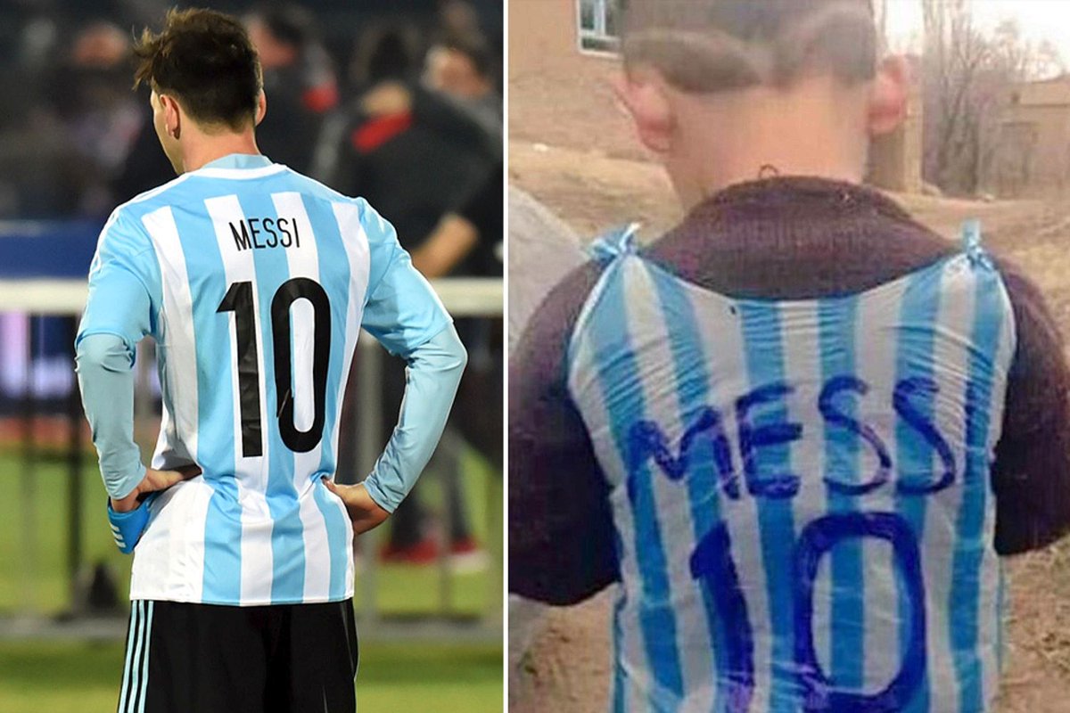 KickOffMagazine's tweet image. Kid wears a plastic bag with Messi's name and number. Which PSL player would you wear a plastic bag for? #KickOff