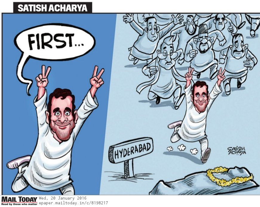 IndiaToday's tweet photo. Politics over tragedy! #HydStudentSuicide 
Illustration by: @satishacharya @mail_today https://t.co/I7g39WKohT