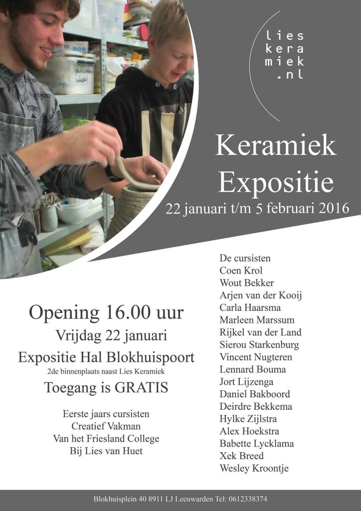 Vrijdag om 16:00 uur opening Keramiek Expositie van <a href="/LiesKeramiek/">Lies Keramiek</a> ism <a href="/FrieslandColl/">Friesland College</a> #blokhuispoort #leeuwarden