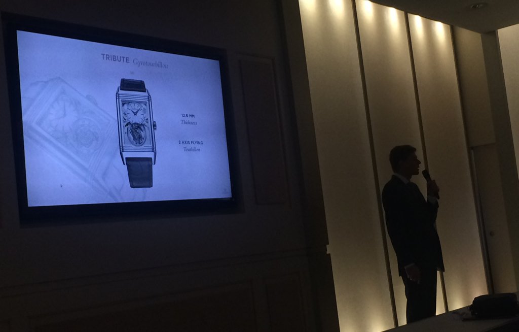 SWRLive's tweet photo. @jaegerlecoultre showing their 75-piece Tribute Gyrotourbillon, elegantly slim at only 12.6mm #SWRdoesSIHH https://t.co/Gb8uCVKk7m