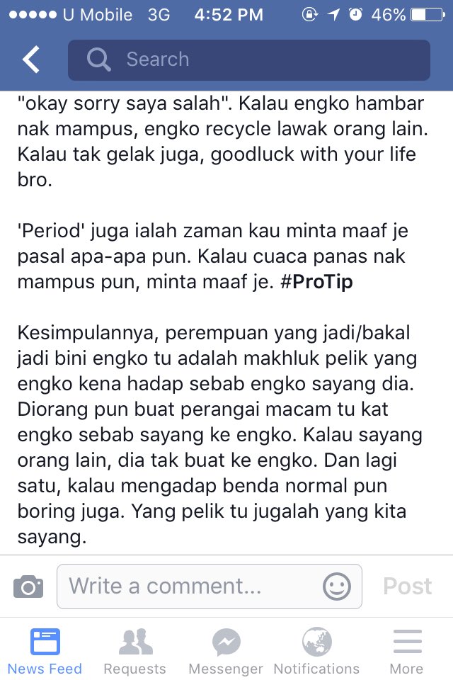 fidonasir's tweet photo. Aku berani tulis ni pun sebab tunang aku tengah tak PMS je. Itulah pentingnya ambil langkah berjaga-jaga. https://t.co/Fqzv70WuFF