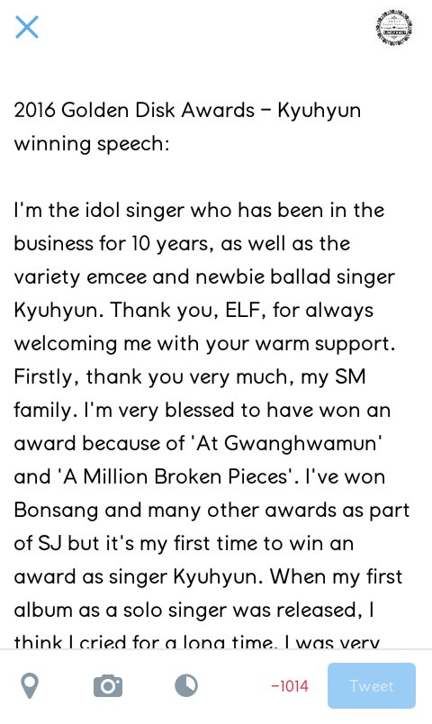 SJnELFamily's tweet photo. [FULL ENG TRANS] 2016 Golden Disk Awards - #Kyuhyun winning speech~ https://t.co/f91YPuSQaC