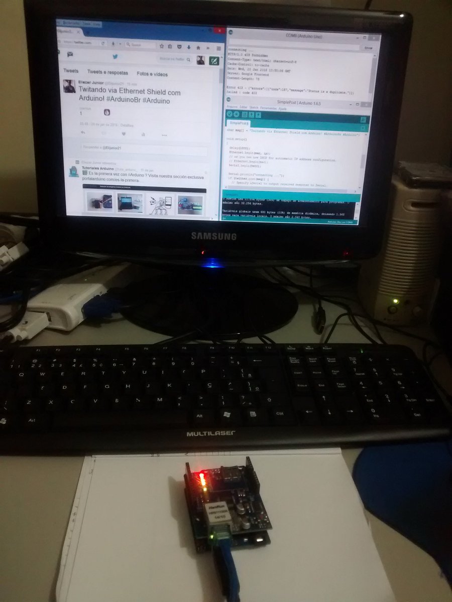 Elijunior21's tweet image. Teste de post:  Arduino + Ethernet Shield + Twitter OK! 👏👏👏👏 #ArduinoBr #Arduino #EthernetShield