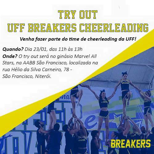 uffbreakers's tweet photo. Atenção, galera! Quer fazer parte do time UFF Breakers Cheerleading? Venha fazer nosso Try Out! #cheerleading #uff https://t.co/5GnPsz3Xq3