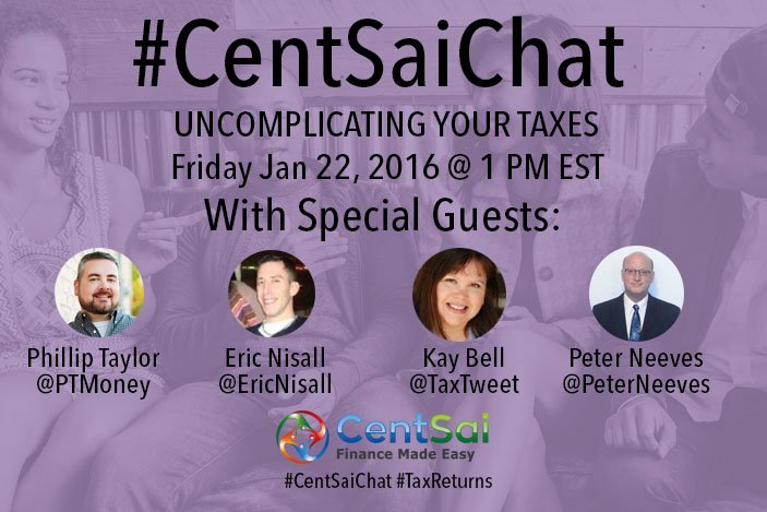 This Friday on #CentSaiChat we are joined by <a href="/ptmoney/">Philip Taylor, CPA</a>, <a href="/ericnisall/">Eric J. Nisall</a>, <a href="/taxtweet/">Kay Bell</a>, and <a href="/PeterNeeves/">Peter M Neeves</a>! See you @ 1 pm EST!