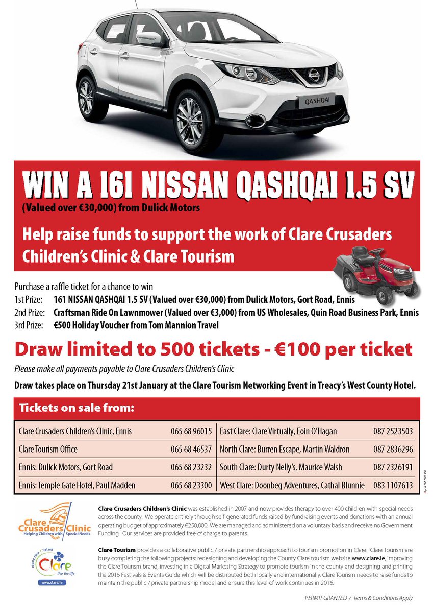 ClareTourism's tweet photo. Last chance purchase RAFFLE ticket. Tickets €100 #FeelinLucky! Please support. Benefit to us is in last 100 sales!! https://t.co/9AYK77tOXC