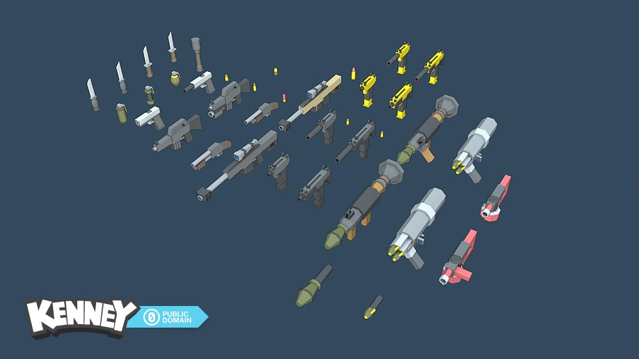 KenneyNL's tweet image. New free assets: Weapon pack includes 30 models plus 2D renders! #gamedev #gameassets kenney.nl/assets/weapon-…