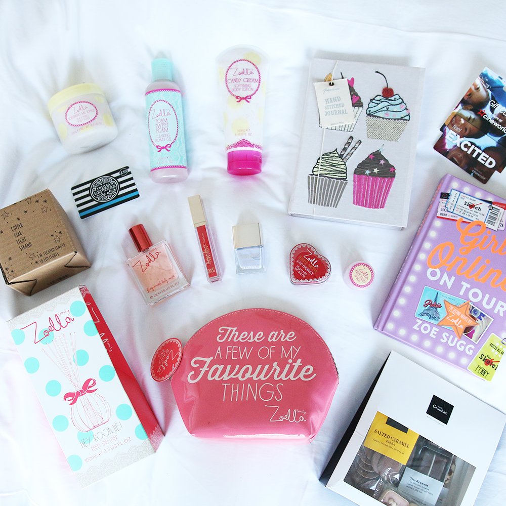 Zoella's tweet photo. Want to win some of #zoesfavouritethings ? Retweet and share your favourite things to win all of this! https://t.co/aFMUMQ4rYK