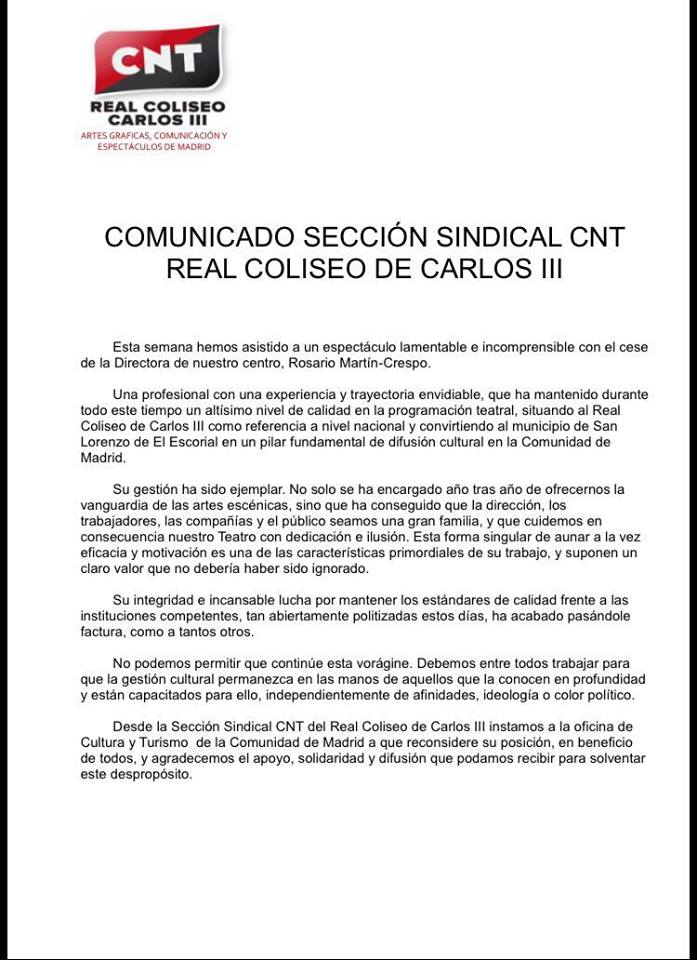 Ay, <a href="/ccifuentes/">Cristina Cifuentes</a> con lo que decías q ibas a cuidar la Cultura... Reincorporación d Rosario M Crespo ya. #CuentaConCNT