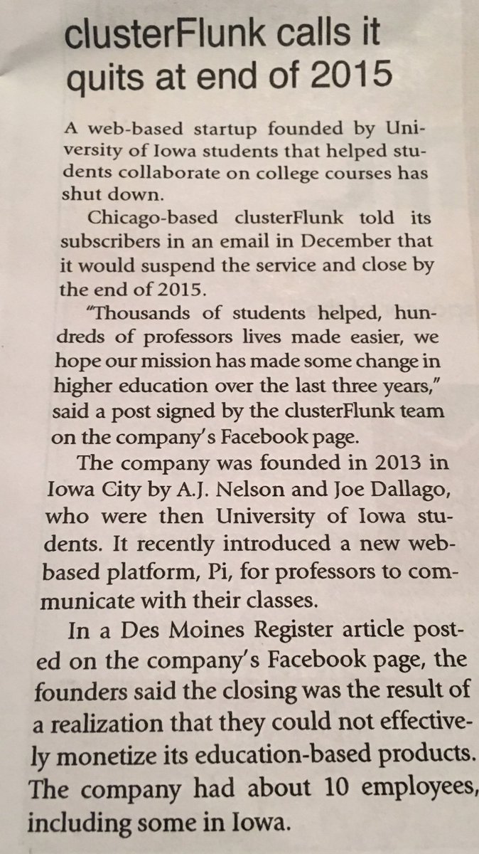 Goodbye to <a href="/ClusterFlunk/">clusterFlunk</a>. Every business can't be a success, but lessons learned = net positive. Via <a href="/CBJournal/">Corridor Business</a>