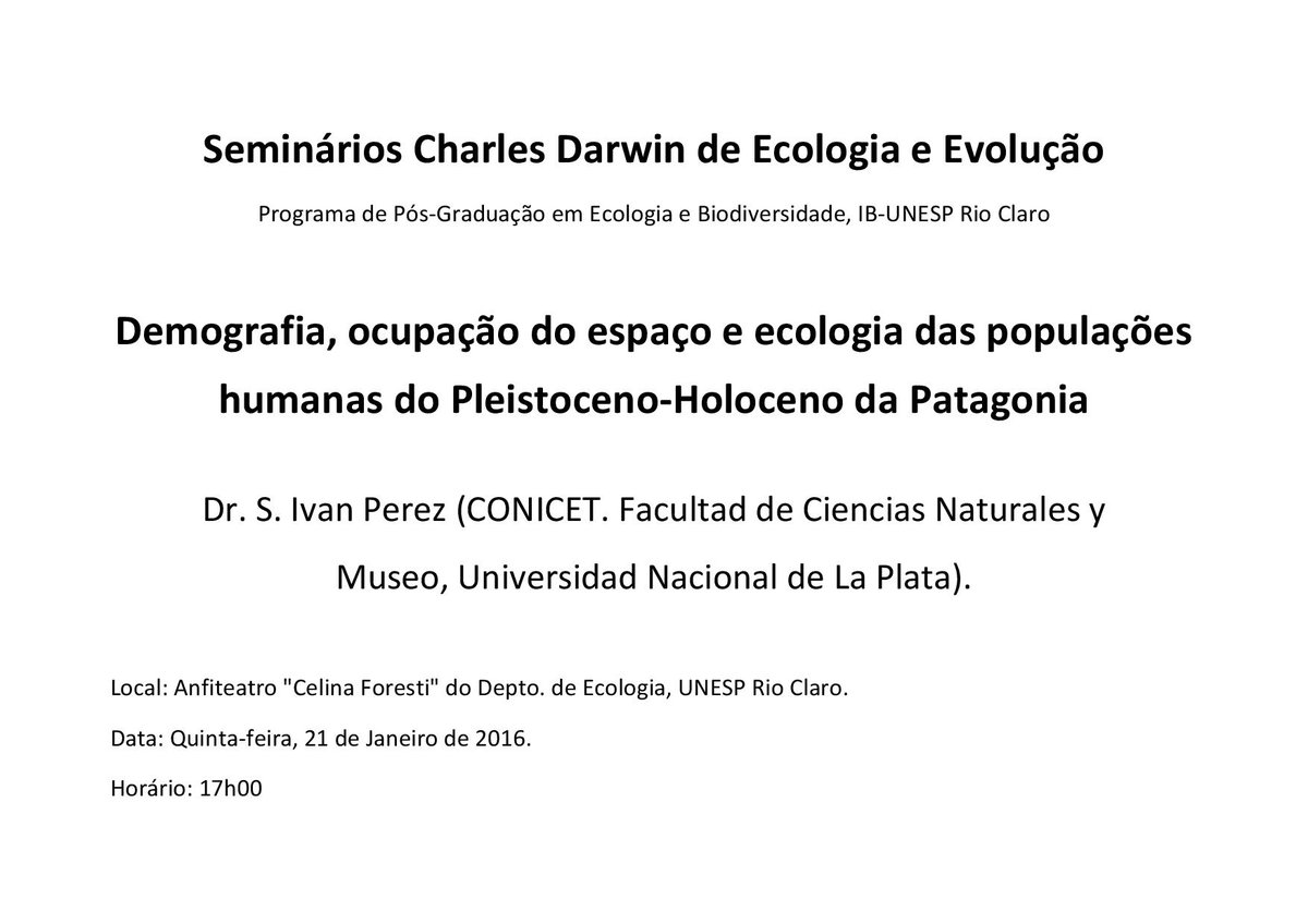 Convite Seminários "Charles Darwin de Ecologia e Evolução”.
Data: 21/01 às 17h00 no Depto. de Ecologia.