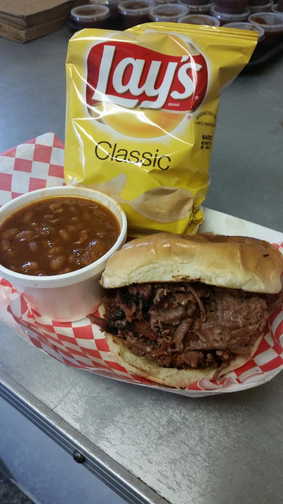 Loose cut chopped beef, smoked baked beans, and lays.