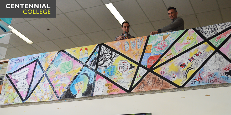 CentennialTODAY's tweet photo. Check out the Displaced Persons Awareness Week #WhatIsHome mural on display now at the @StoryArtsCentre! #CC4Change https://t.co/kCqIbvqbKs
