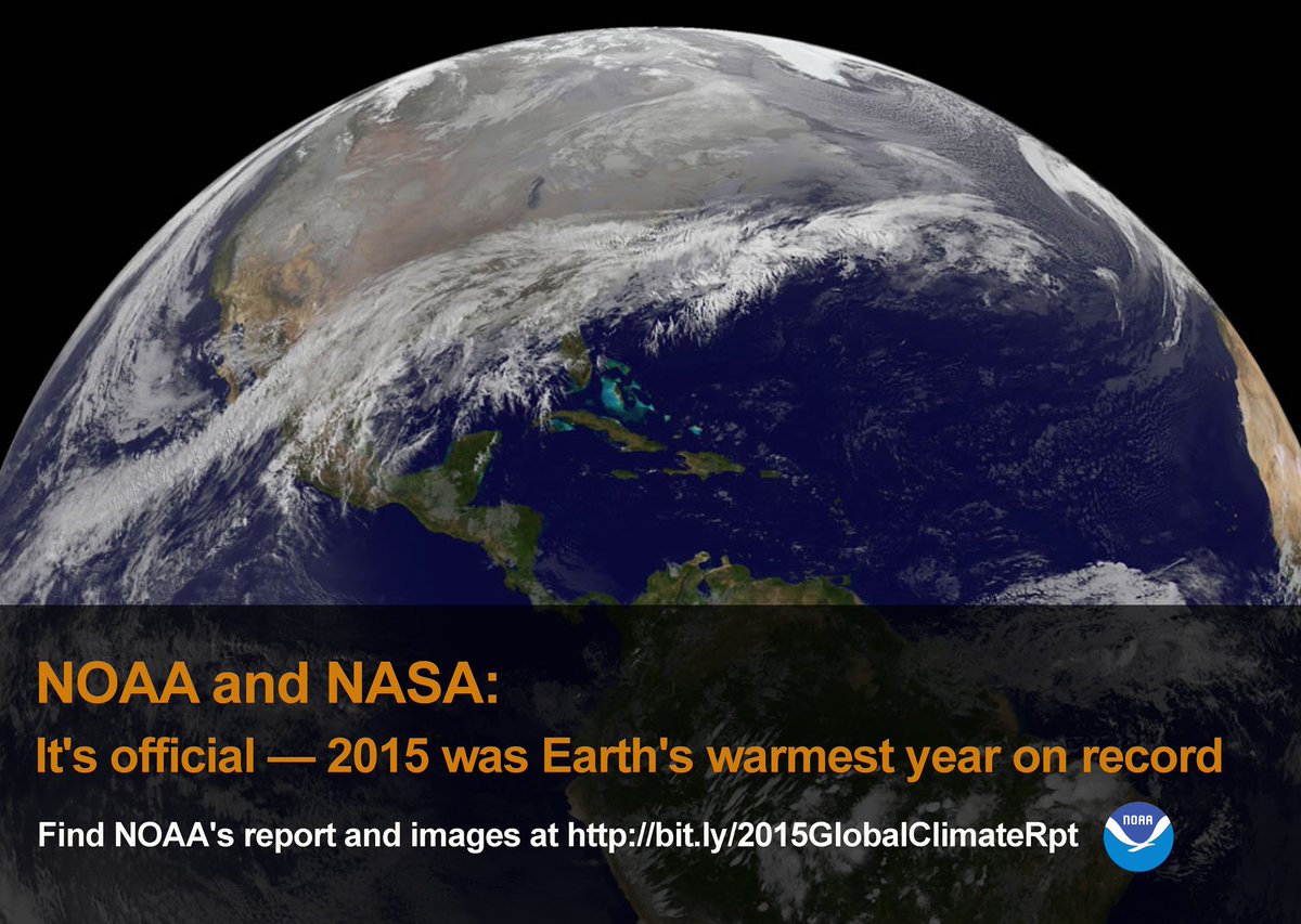 NOAA's tweet photo. JUST IN - It’s official: 2015 is Earth’s warmest year on record. @NOAANCEIclimate
 https://t.co/YNyFXzMnu1 https://t.co/bX62Ahsi8d