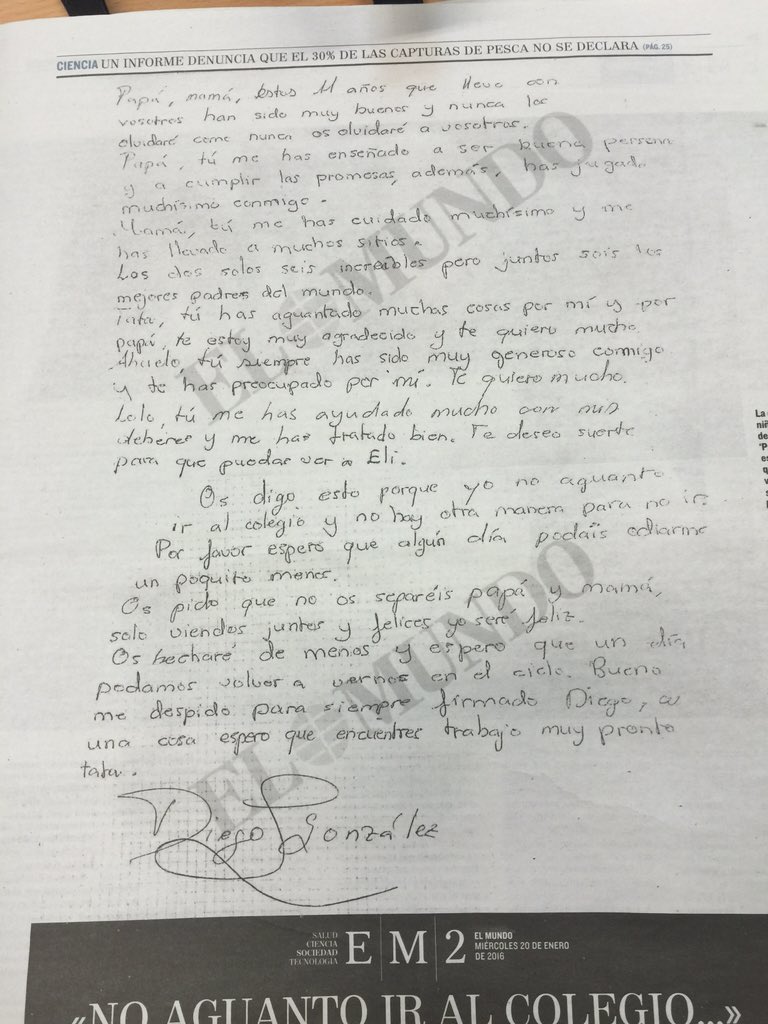 anabelenroy_tve's tweet photo. Imposible no llorar, que horror. Carta a sus padres de un niño de 11 años, que se suicidó hace 3 meses. (El Mundo) https://t.co/QsUh5C6GlA