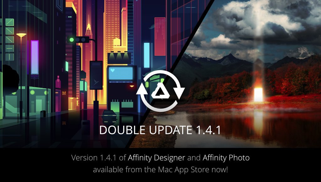 Affinity's tweet photo. 1.4.1 updates are OUT NOW! These updates focus on bug fixes, read the full fix lists here: https://t.co/i6SacoSv4Z https://t.co/xoQTYg8Xk3