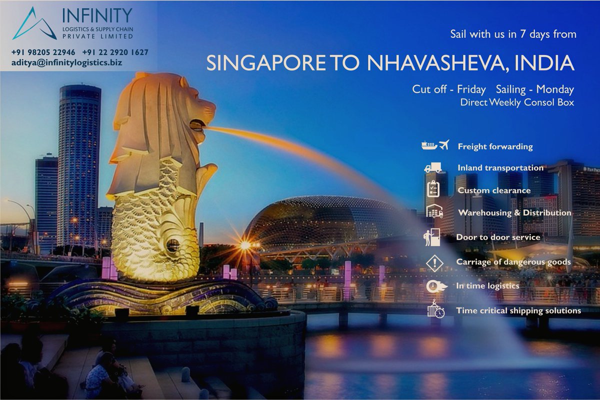InfinityLogisti's tweet image. Sail with us in 7 days from Singapore to Nhava Sheva, India
