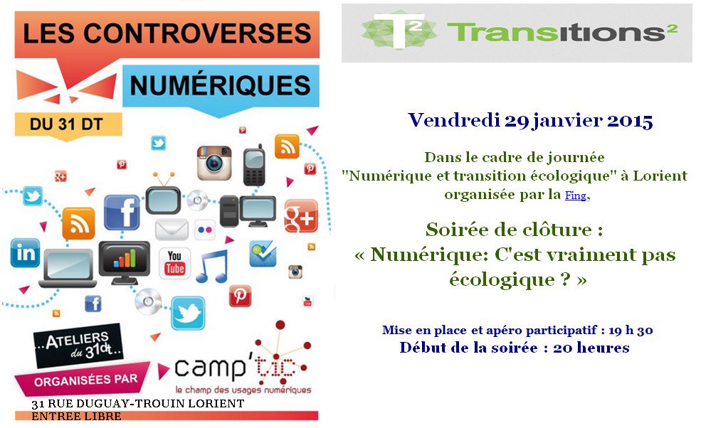 CampTIC's tweet photo. Le numérique, pas du tout écologique ? #controverses #Lorient 29 janvier 20h #31DT avec @la_fing #transitions2 https://t.co/hNzIbSGbZ7