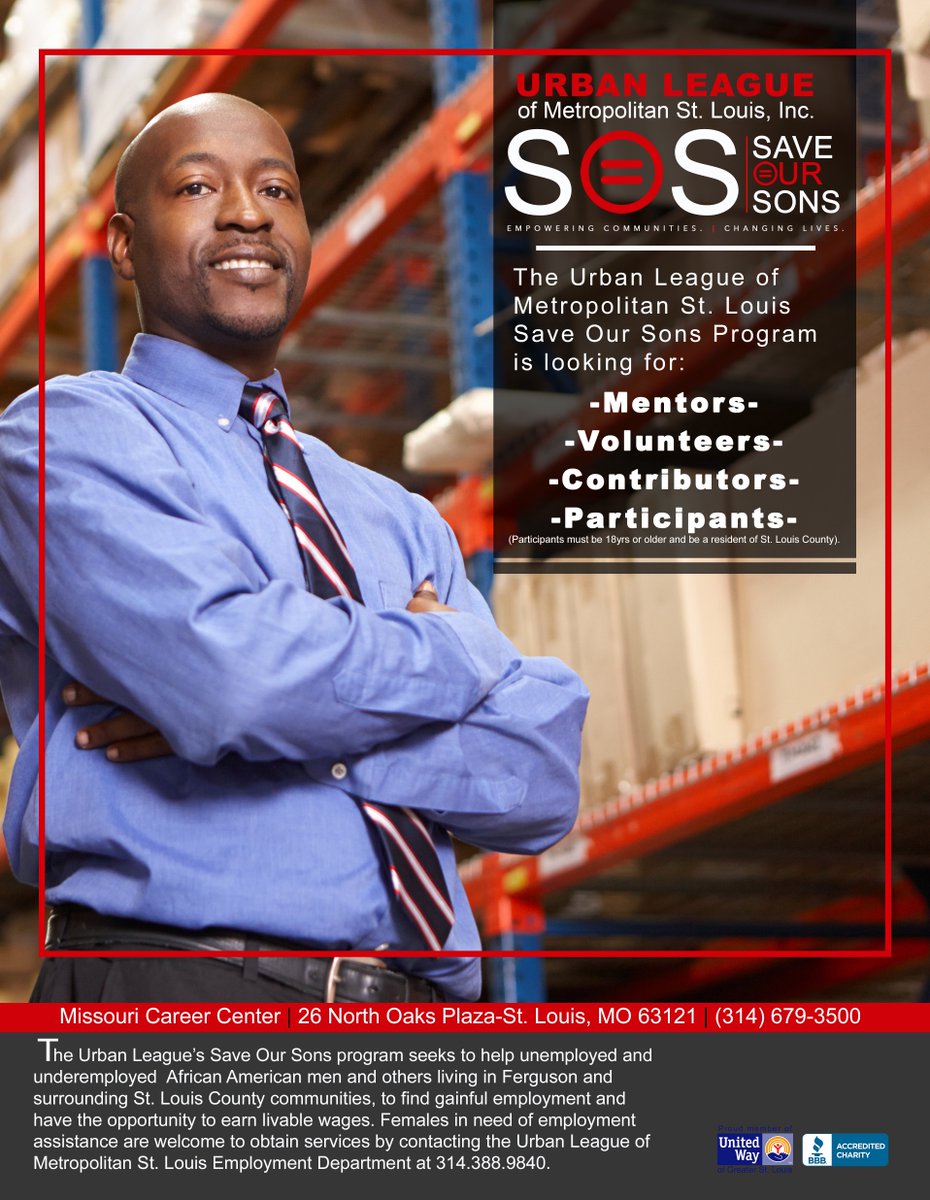 ulstl's tweet photo. Jobs for men of color continue to be a significant challenge the Save Our Sons program can #HELP
#ulstl #ulsos https://t.co/6sCYuqNeCp