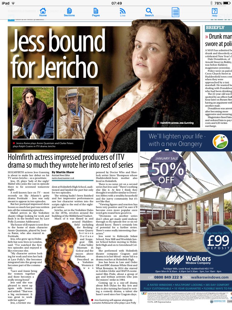 JasonMcCartney's tweet photo. Congrats to Holmfirth actress Jess Gunning who is set to feature in @ITV drama #Jericho @ItvJericho https://t.co/auInLgogY3