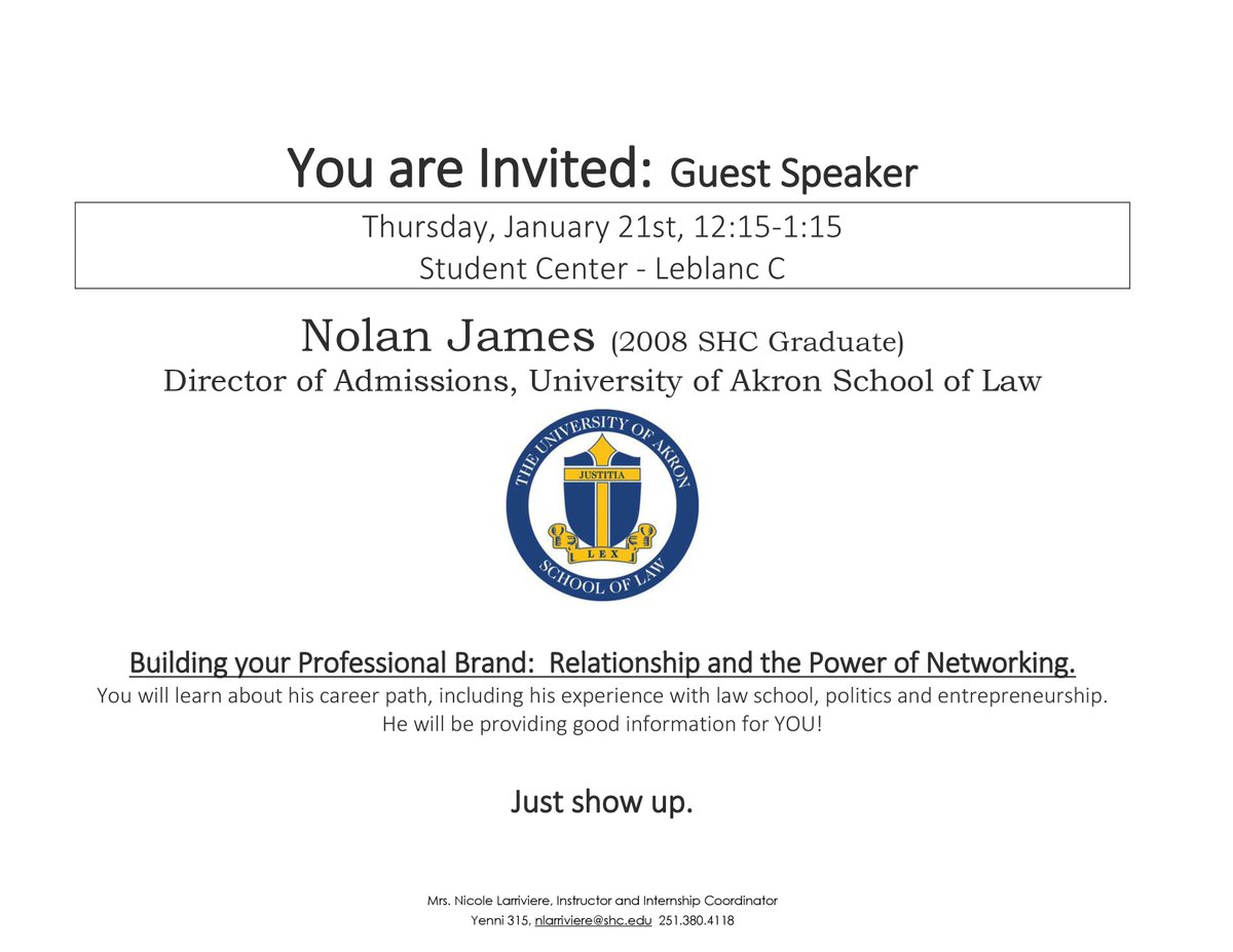 Guest speaker and alumnus Nolan James will be here tomorrow! Don't miss out on a great opportunity!