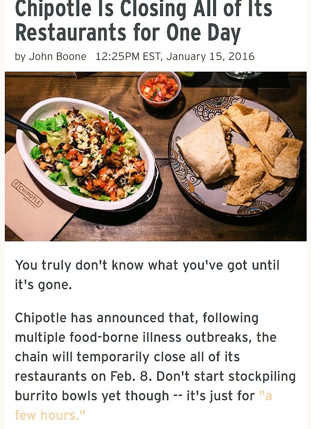 mb3260's tweet photo. Chipotle closes restaurants due to food-borne illness outbreaks. Check out this article for more info #myfoodissue https://t.co/tXOLxD76Dk