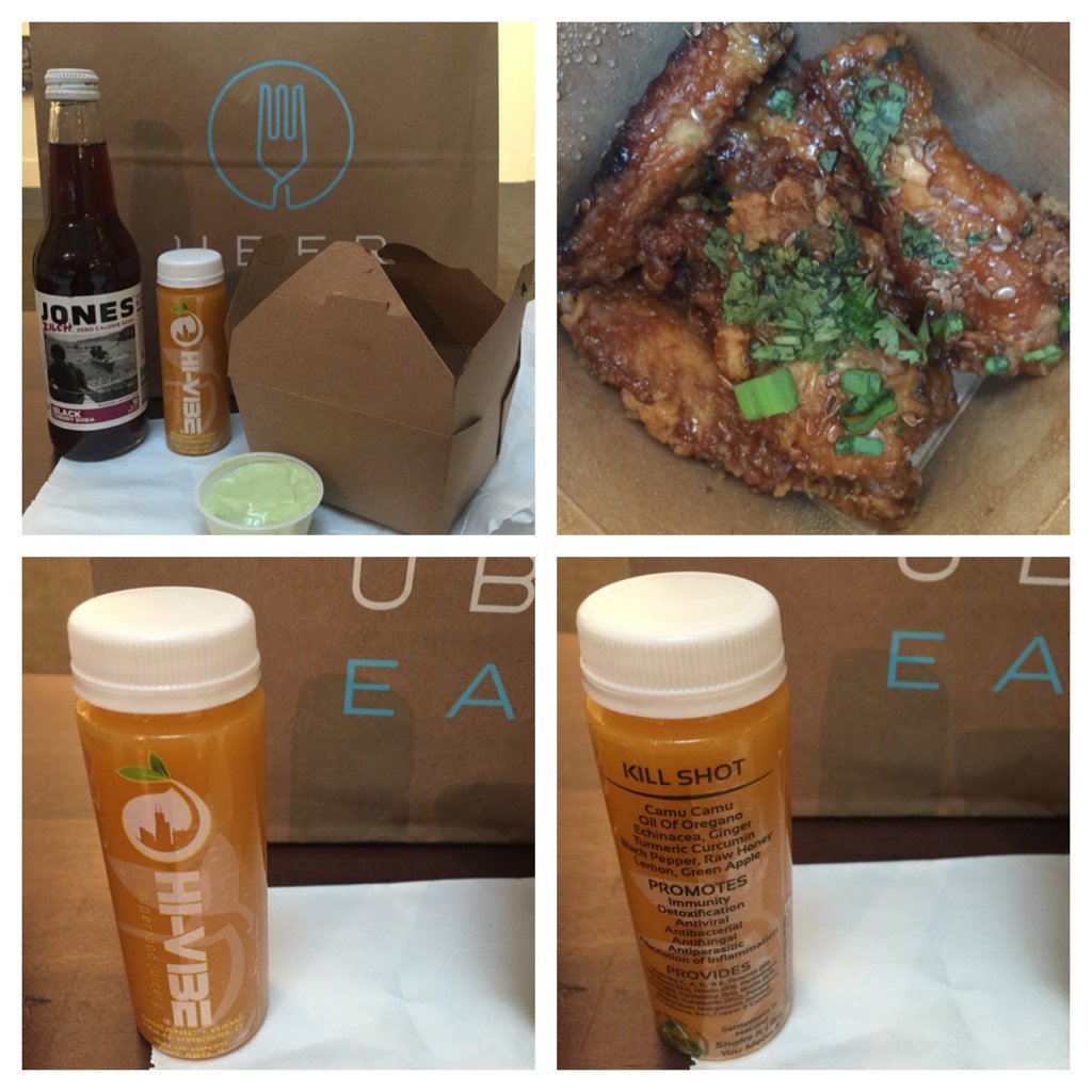 VirginiaALee's tweet photo. #UberEATS lunch: @OakandChar MSG wings, @HIVIBECHI KillerShot organic raw #coldpressed #juice  bonus @jonessodaco https://t.co/rmgd67xz80