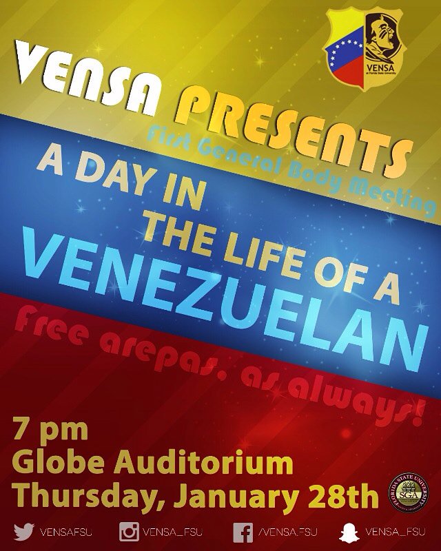 VensaFSU's tweet photo. Make sure to come to our first meeting of the semester❗️Thursday jan 28🙌 free arepas #fsu #freefood https://t.co/IilD6a2OFm