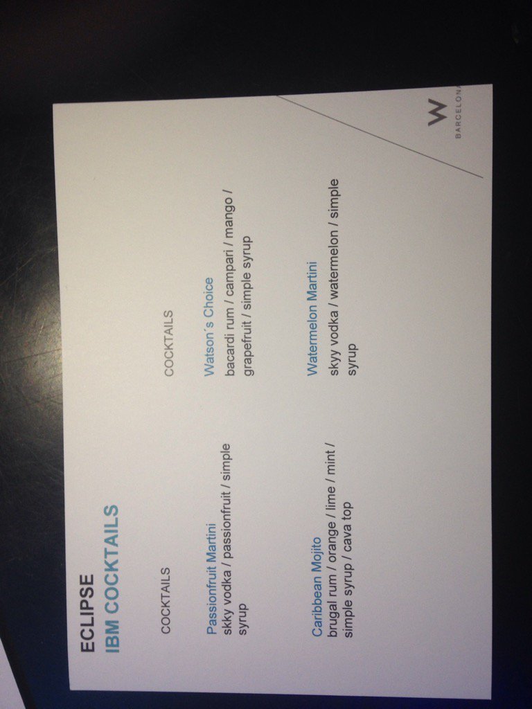 MukulDixit1's tweet photo. @FKOM #SAP #IBM #CEC @IBMWatson Watson cocktail! https://t.co/7rHy9NJ2i5