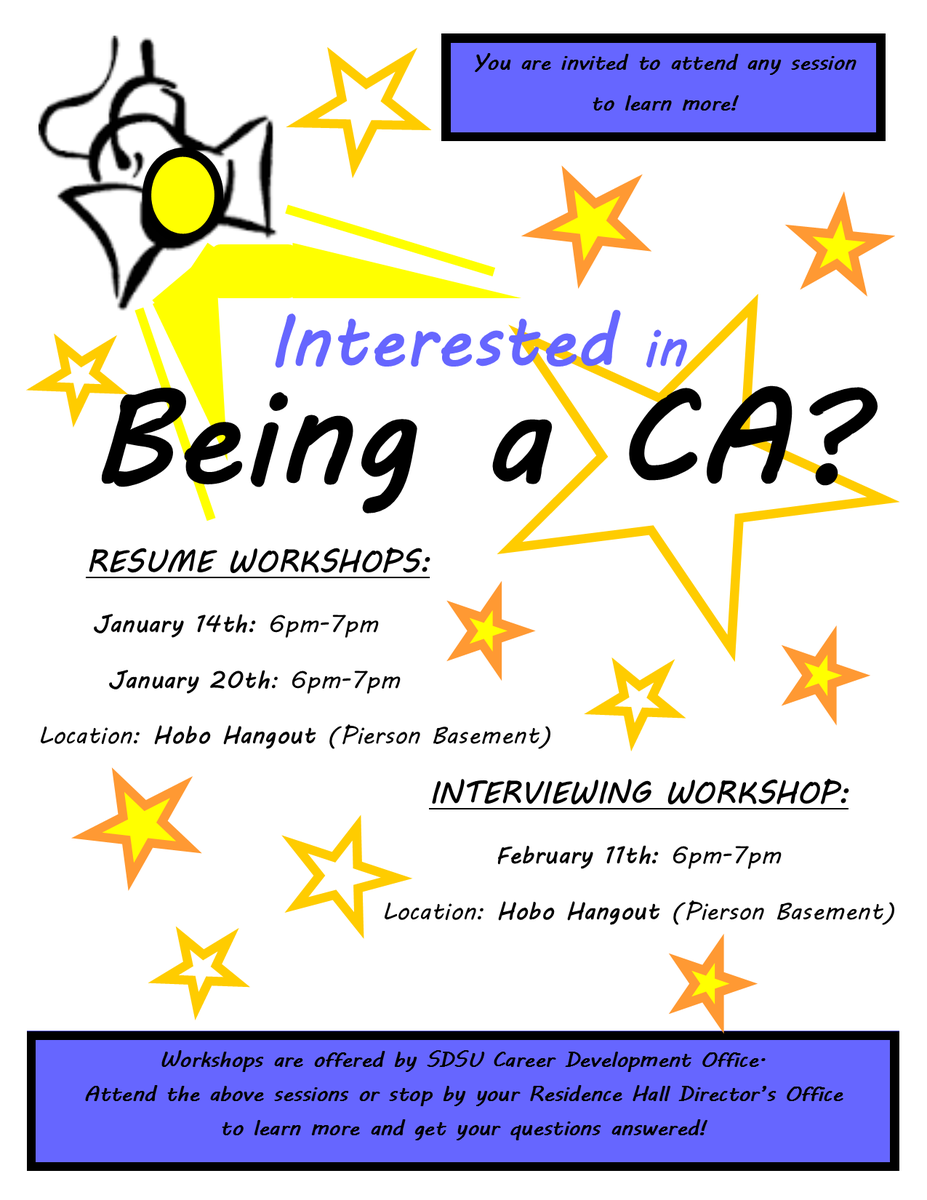 SDSUCareerDev's tweet photo. Want to be a Community Assistant? Attend tonight's Resume Workshop to learn how to sell yourself! @SDStateHousing https://t.co/wgqQMjNk9d