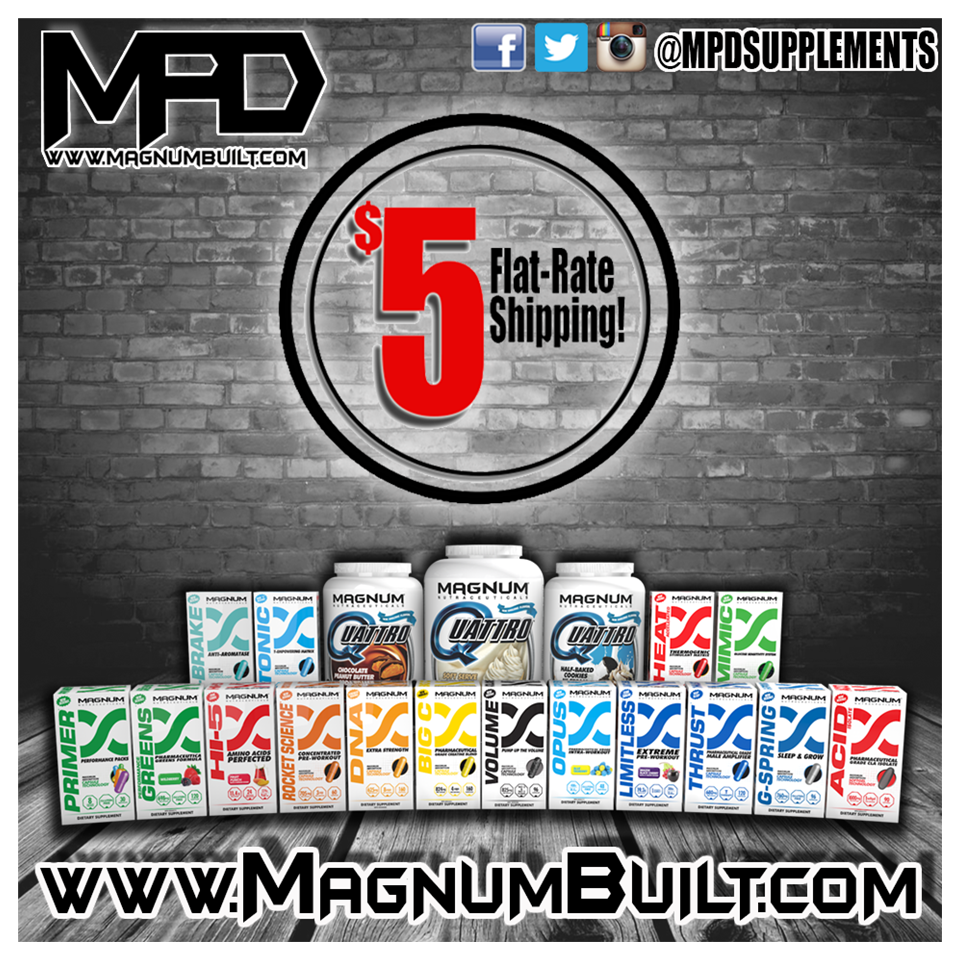 MPDsupplements's tweet photo. $5 Flat Rate Shipping always on #MagnumBuilt.com *US Prices #magnumnutraceuticals #supplements #bodybuilding #fitfam https://t.co/HJ9OXnraML