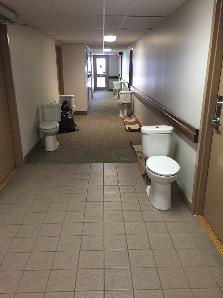 BuildingUpTO's tweet image. Collaborations continue! You're looking at a row of efficient toilets going in @WoodGreenDotOrg done by a #socent