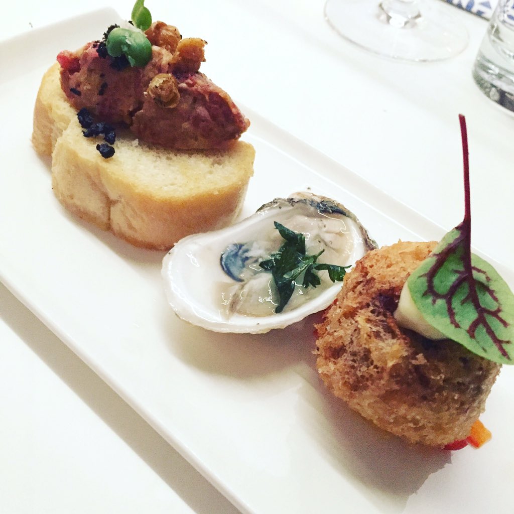 Jamon Croquette, Oyster with Fried Parsley, &amp; Beef Tartar Pintxo at Barsa Taberna #TasteToronto #torontorestaurant
